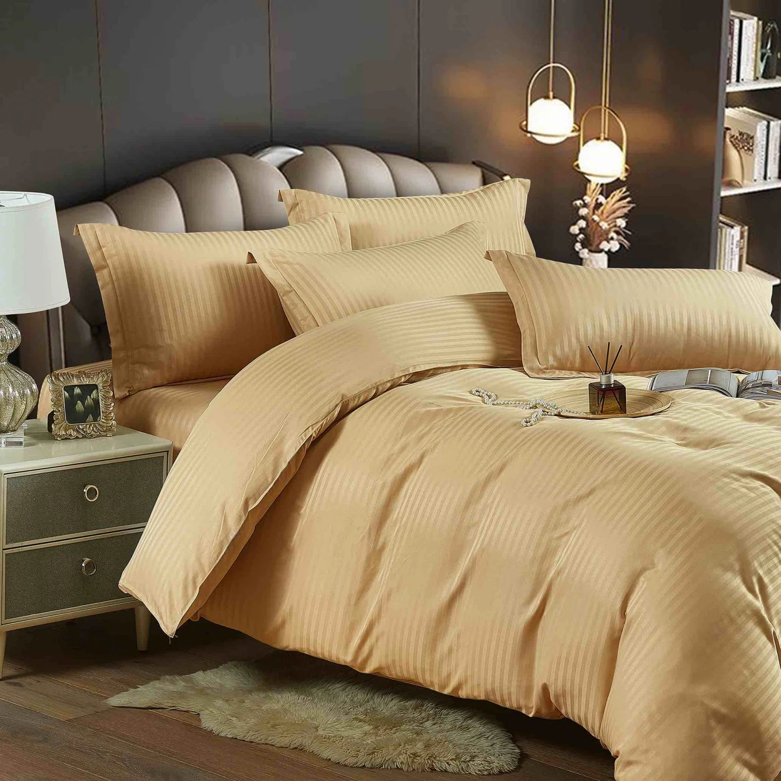 Lenjerie pat dublu, damasc finetat Deluxe, 6 piese, Galben