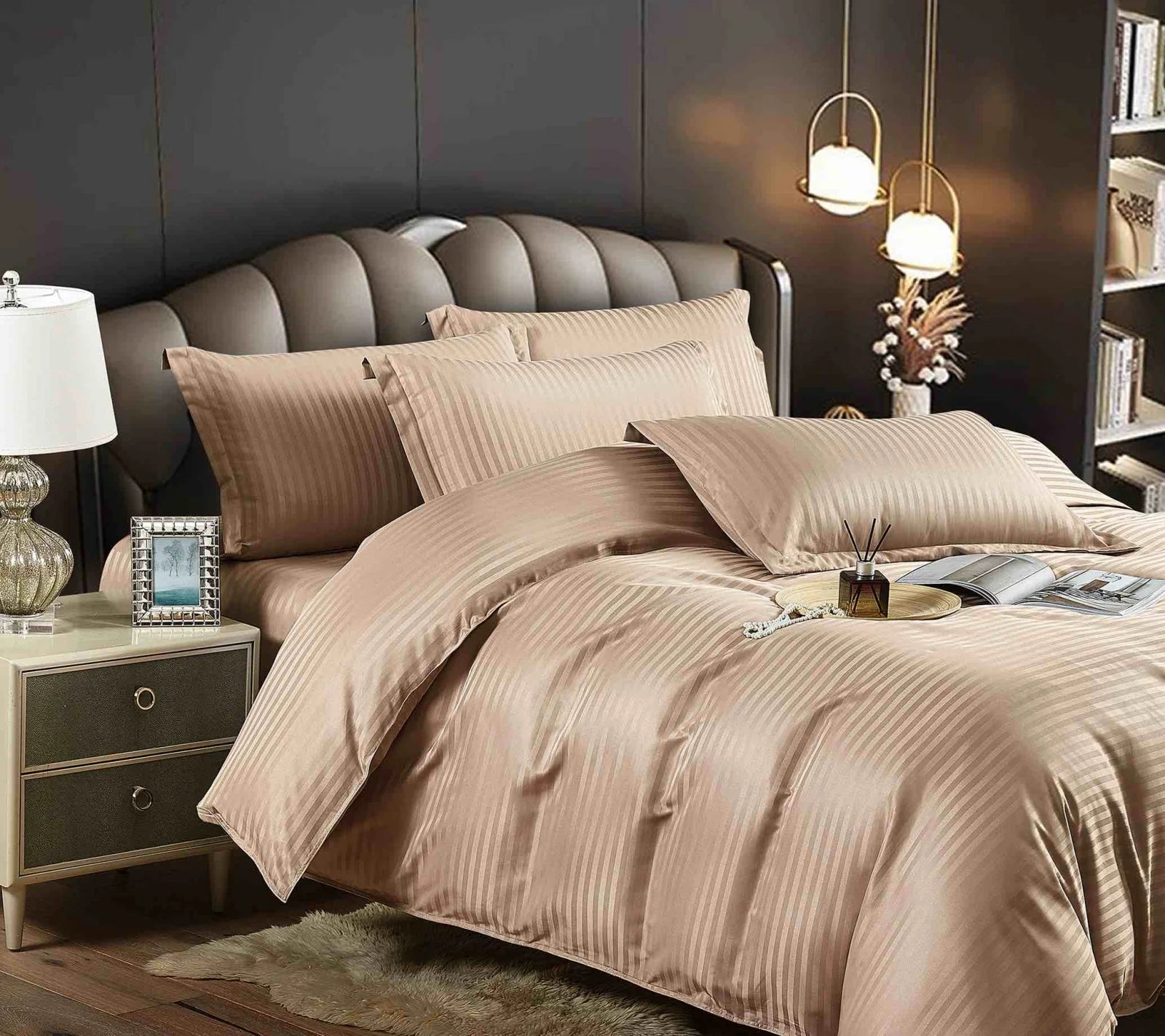 Lenjerie pat dublu, damasc finetat Deluxe, 6 piese, Maro