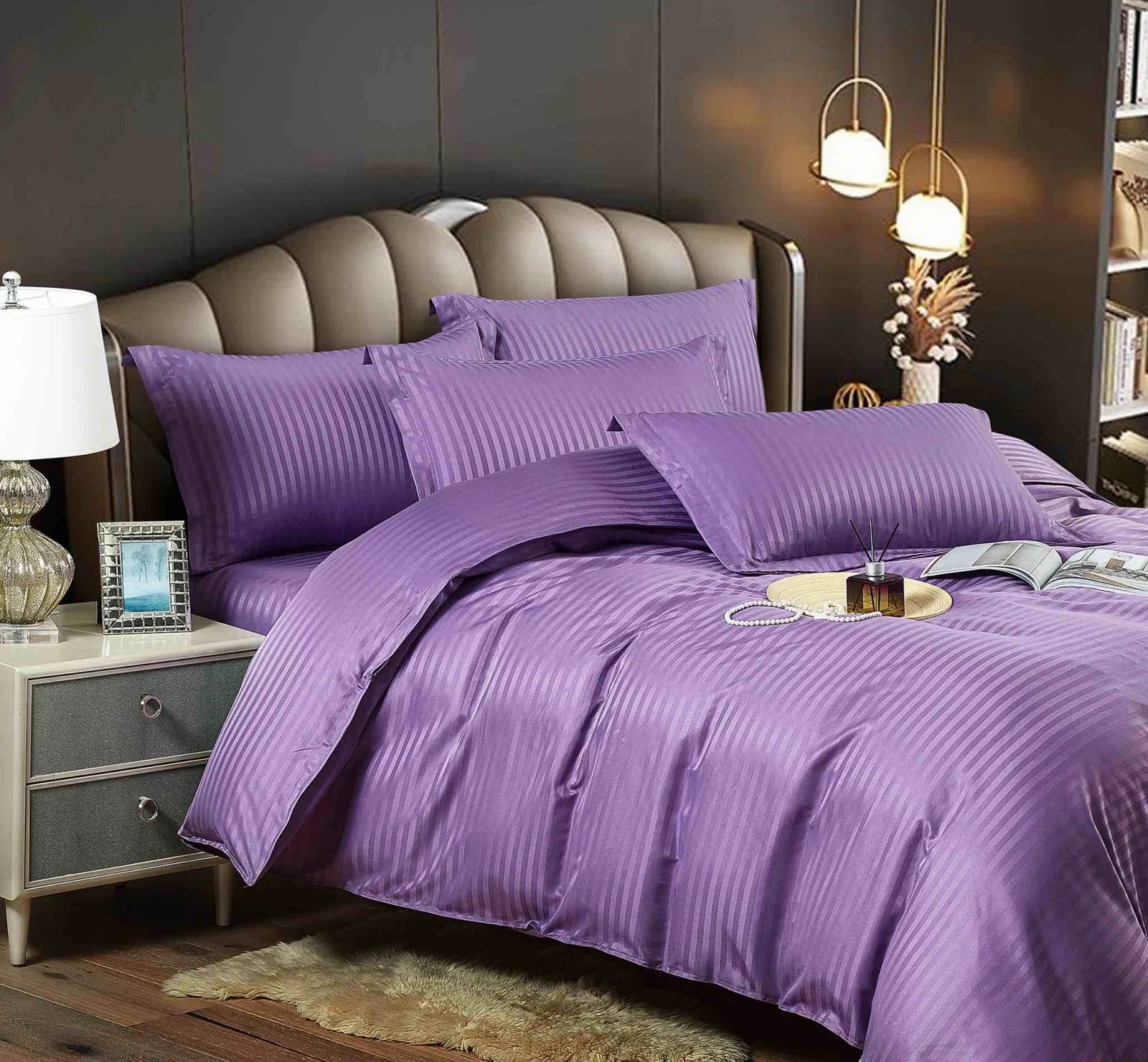 Lenjerie pat dublu, damasc finetat Deluxe, 6 piese, Mov