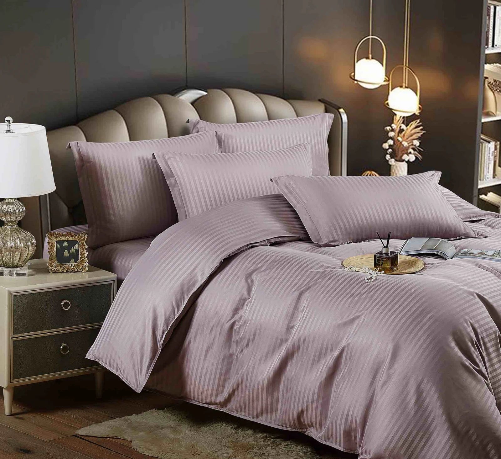 Lenjerie pat dublu, damasc finetat Deluxe, 6 piese, Lila