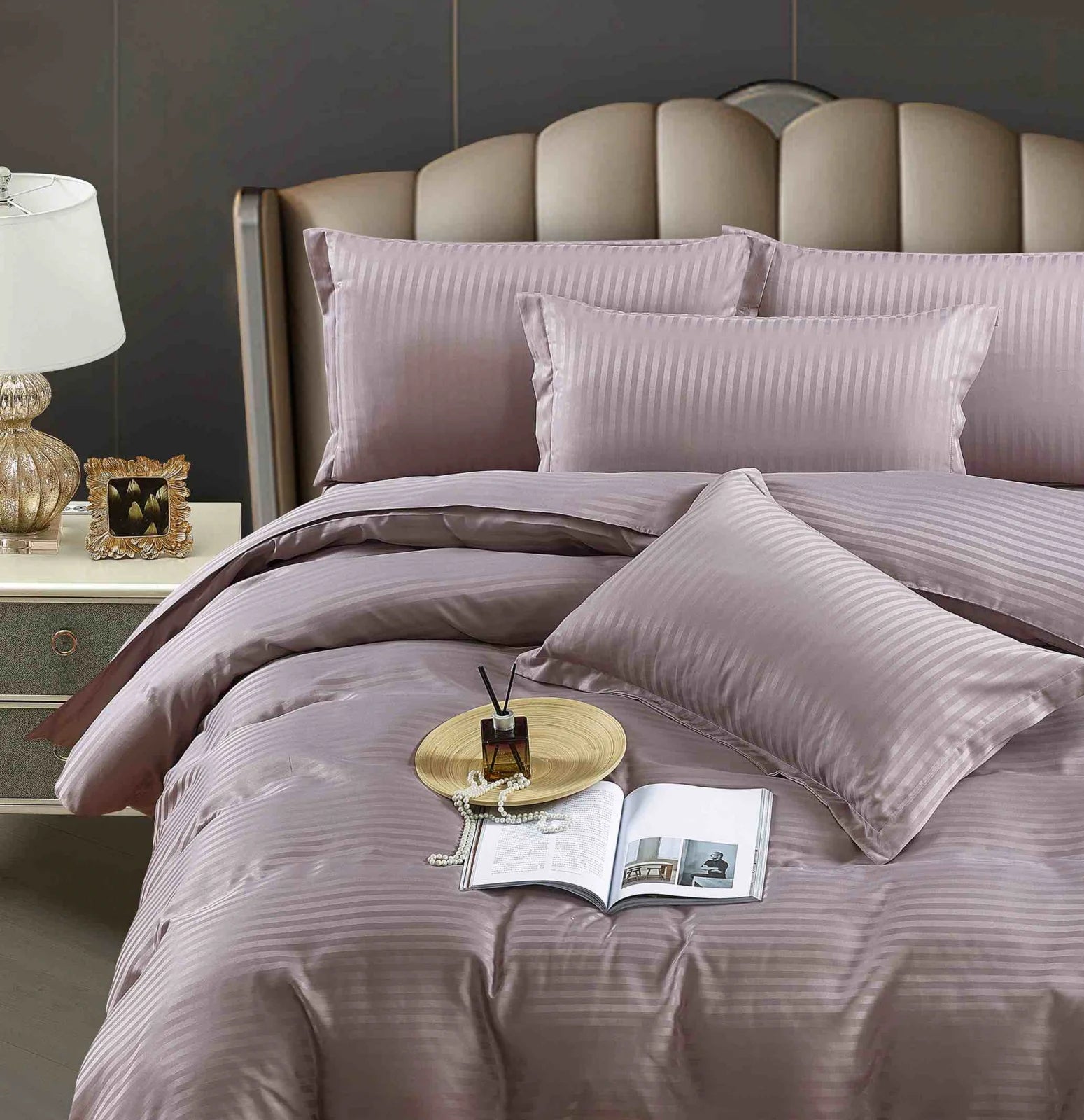 Lenjerie pat dublu, damasc finetat Deluxe, 6 piese, Lila