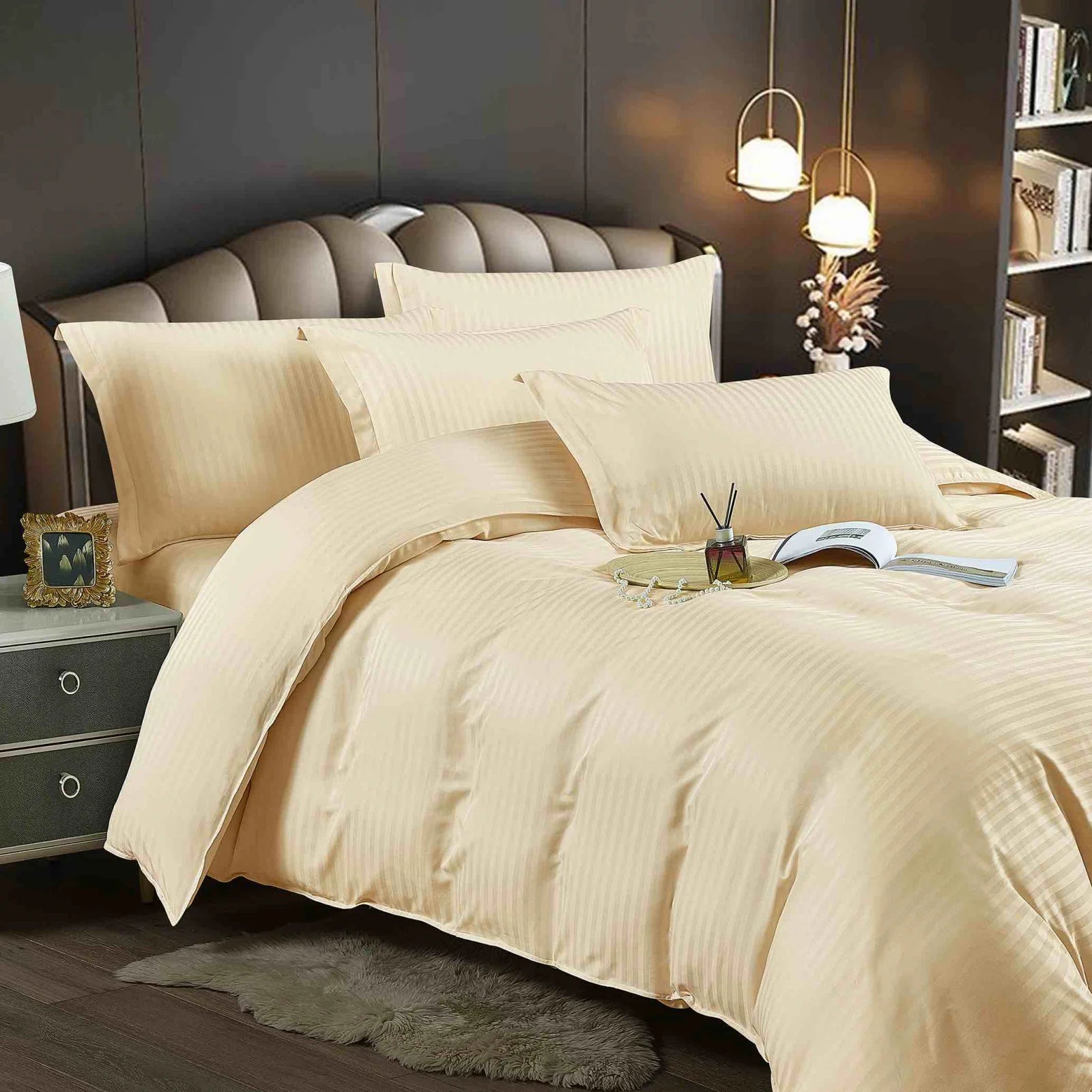 Lenjerie pat dublu, damasc finetat Deluxe, 6 piese, Crem