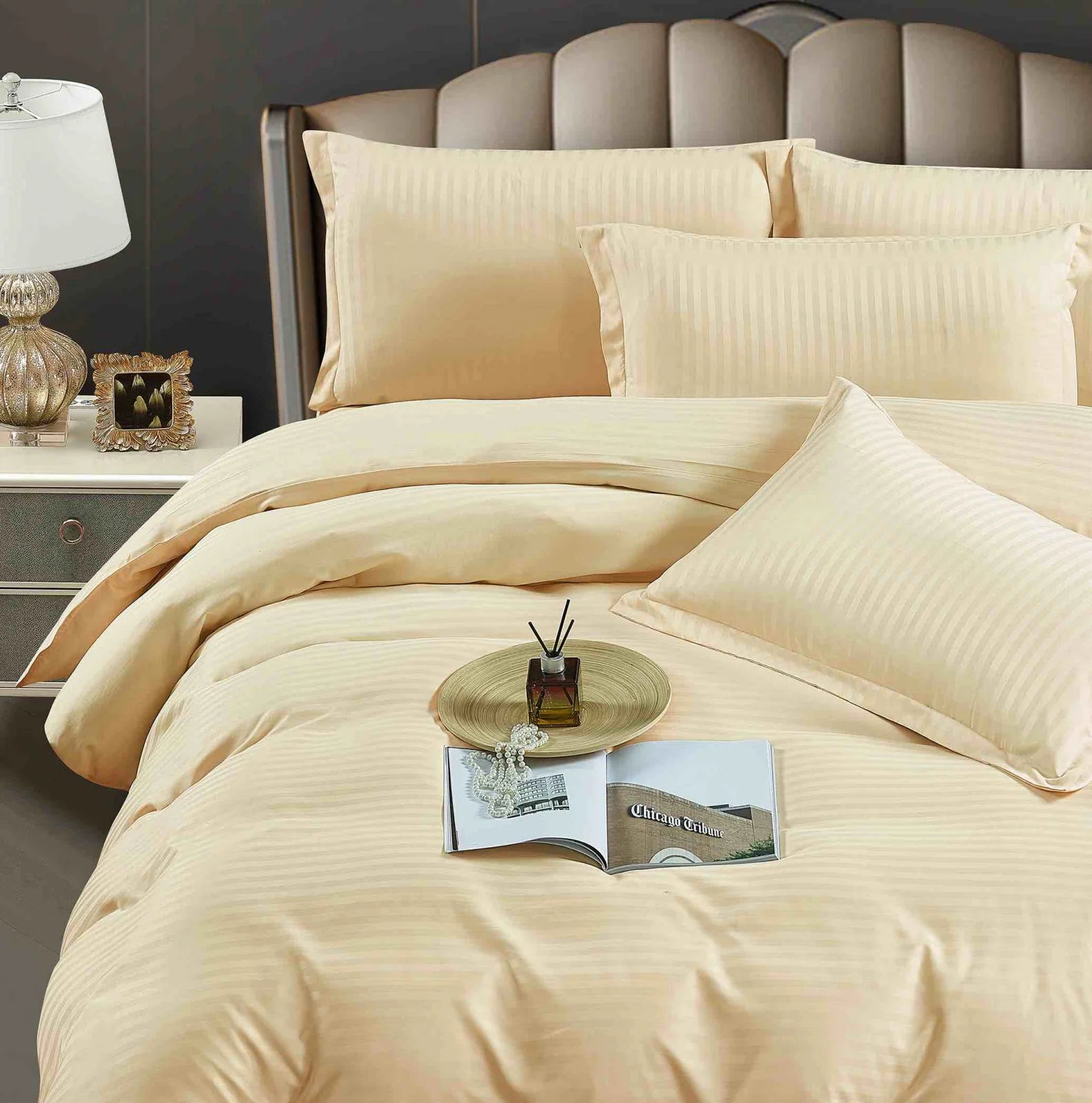 Lenjerie pat dublu, damasc finetat Deluxe, 6 piese, Crem