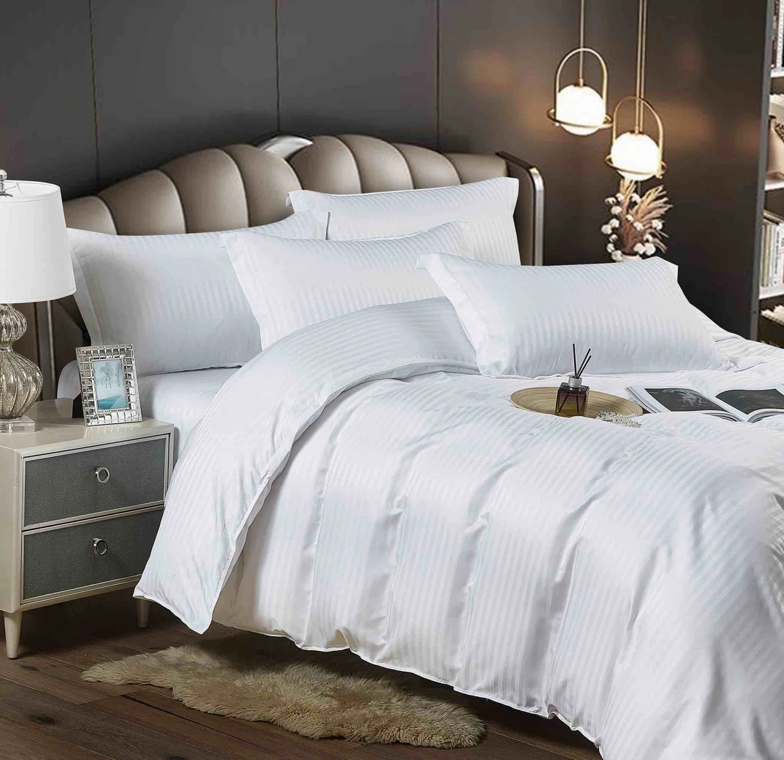 Lenjerie pat dublu, damasc finetat Deluxe, 6 piese, Alb